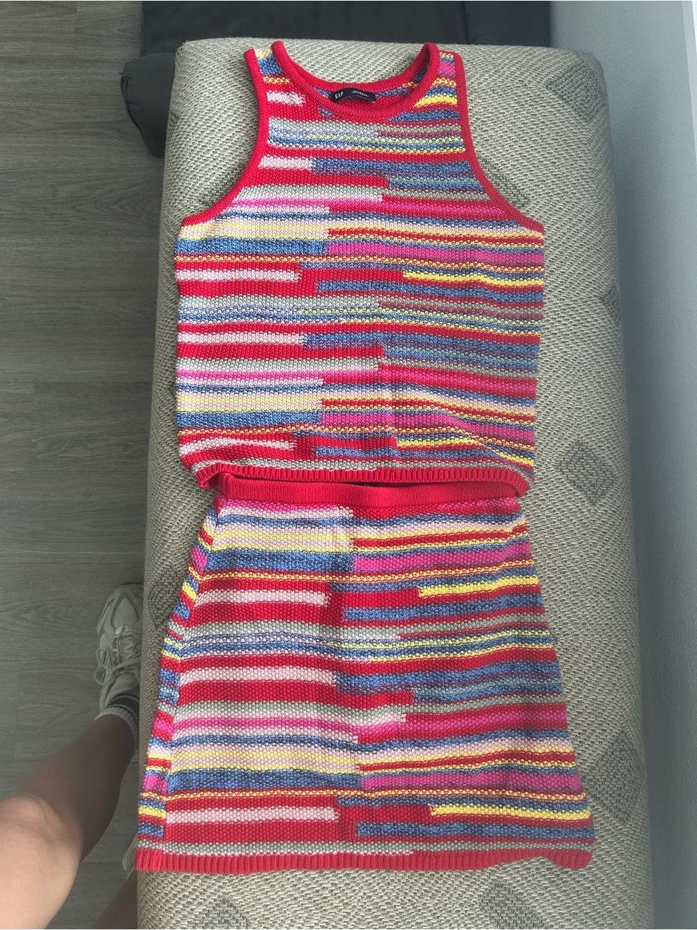 Colorful Striped Knit Tank & Skirt Set - Red Trim
